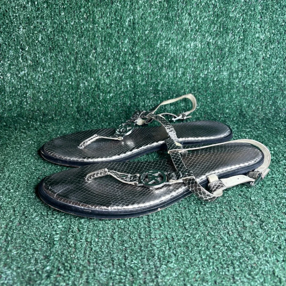 Michael Kors Plate Flat Snakeskin Embossed Leather Thong Sandals Pewter Women 10